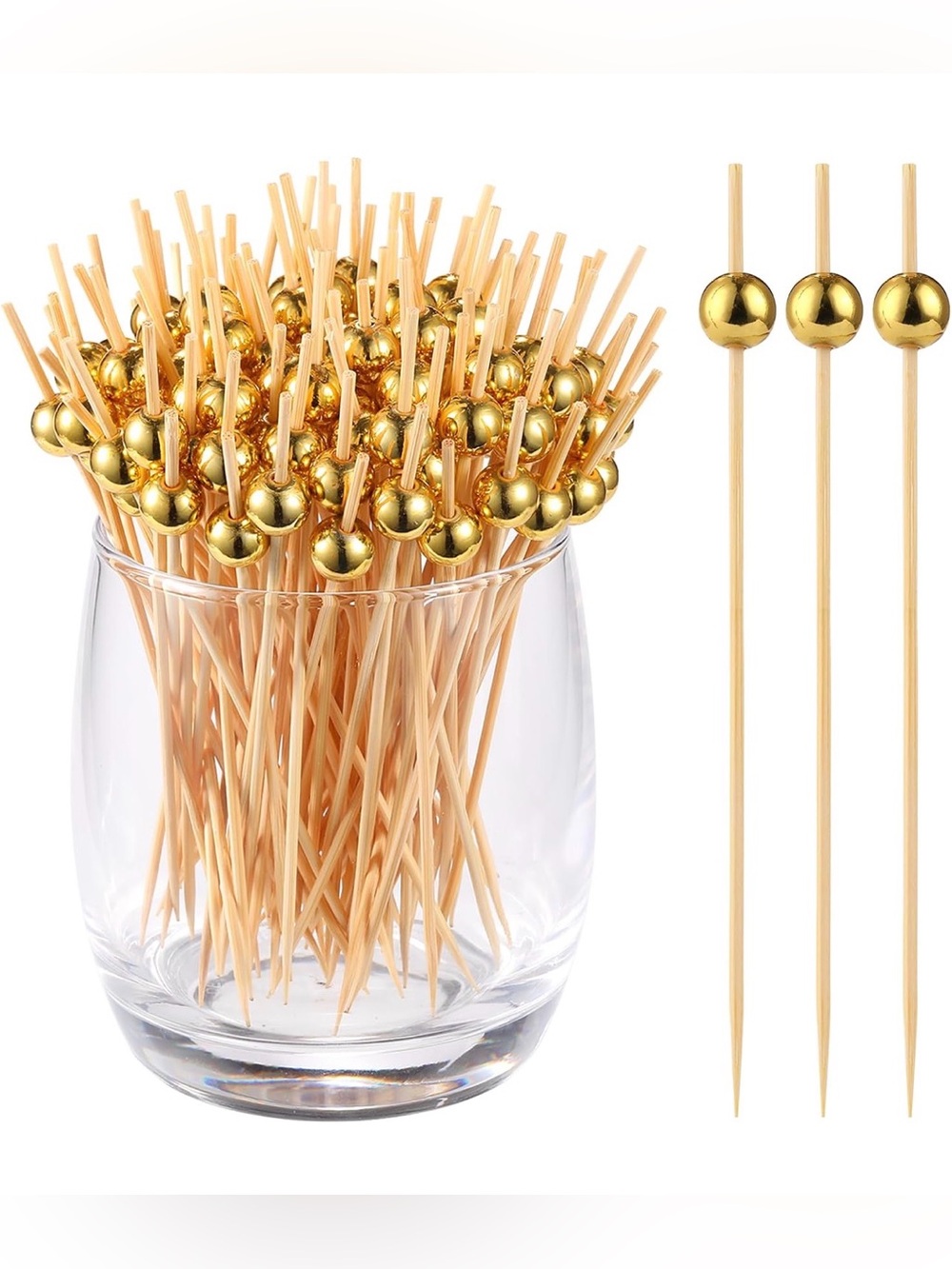 Amazon 200 Mini Gold Ball Food Sticks 4.7 Inch, Natural Wooden Decorative Skewer